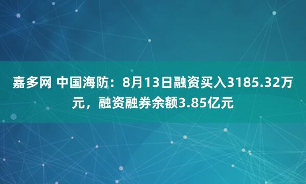 嘉多网 中国海防：8月13日融资买入3185.32万元，融资融券余额3.85亿元